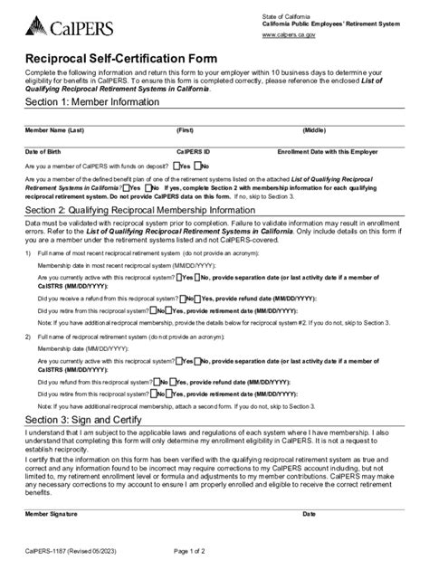 Fillable Online Member Reciprocal Self Certification Form Calpers 1187 Member Reciprocal Self