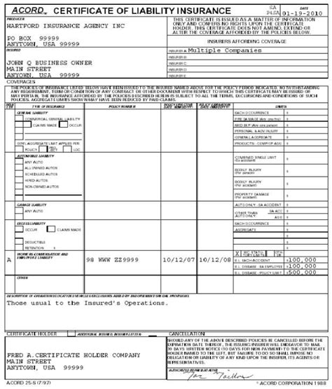 Acord Certificate Of Insurance Template