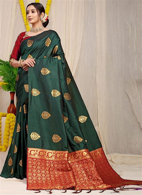 Shop Patola Silk Bottle Green Color Zari Weaving Work Saree Party Wear Online At Best Price