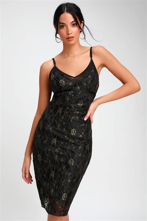 Lovely Black And Gold Lace Dress Bodycon Dress Midi Dress Lulus