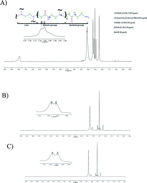 A ¹H NMR spectrum of G4 PAMAM in DMSO d6 B ¹H NMR spectrum of the