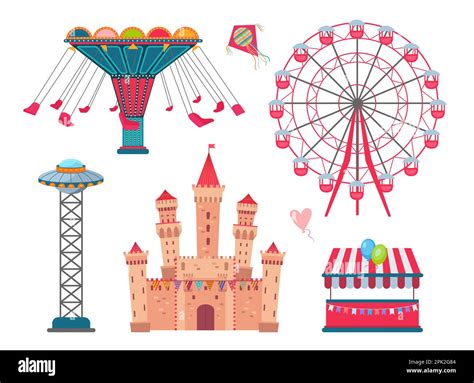 Different Amusement Park Elements Flat Vector Illustrations Set Stock