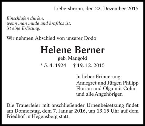 Traueranzeigen Von Helene Berner Zeit Des Gedenkens De