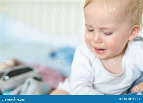 Cute Caucasian Blond Toddler Boy Portrait Crying at Home during ...