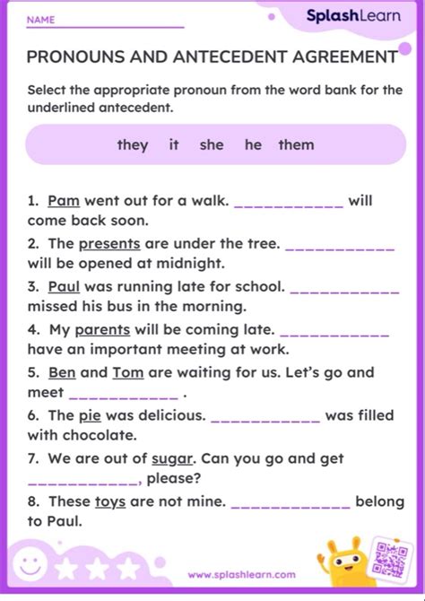 Pronouns And Antecedent Agreement — Printable Ela Worksheet