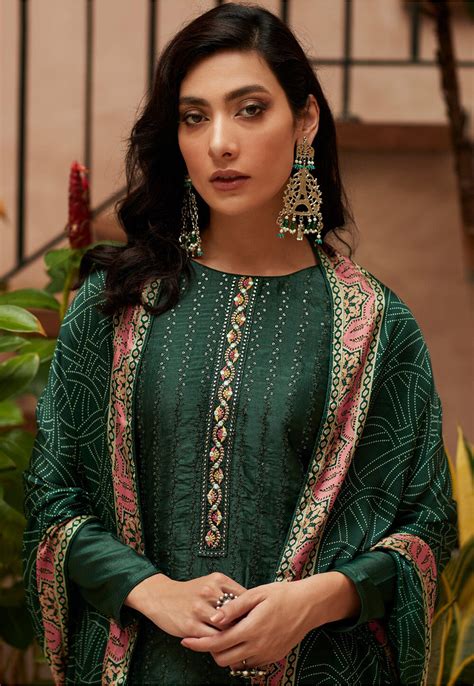 Embroidered Art Silk Pakistani Suit In Dark Green KCH10513