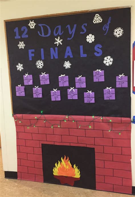 A Bulletin Board With Presents On It Next To A Fire Place