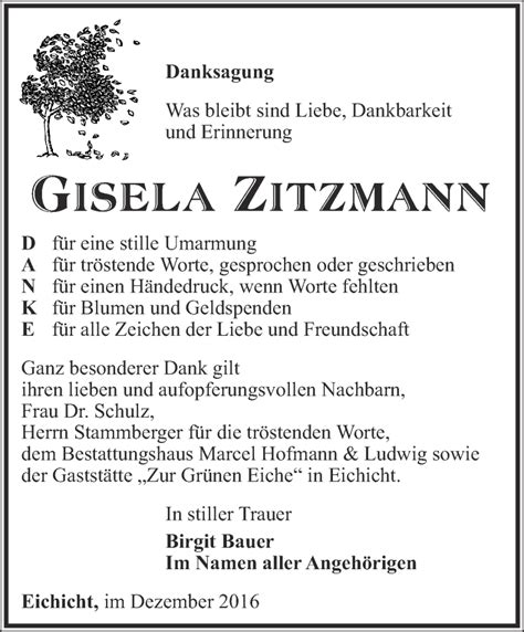 Traueranzeigen Von Gisela Zitzmann Trauer In Thueringen De