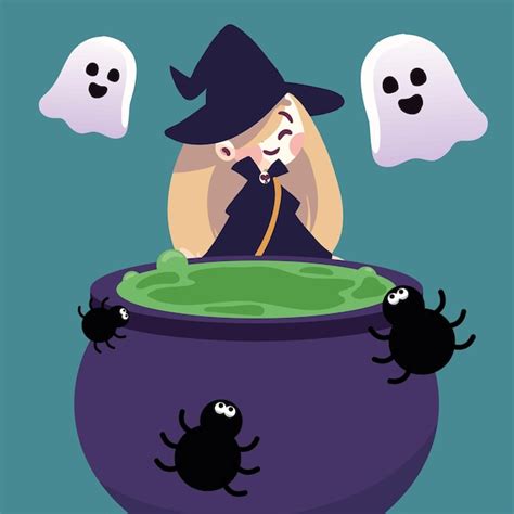 Premium Vector | Witch with pot for halloween