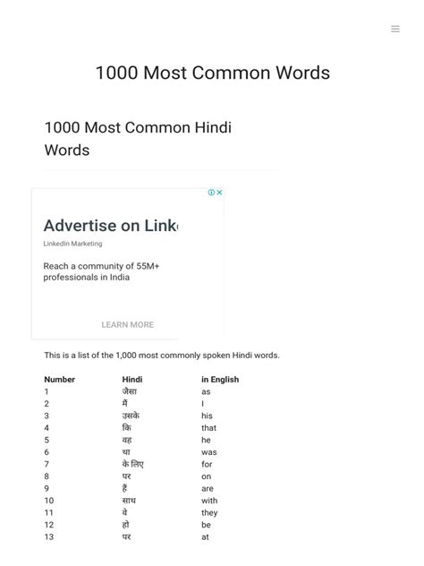 1000 Most Common Hindi Words 1000 Most Common Words Pdf