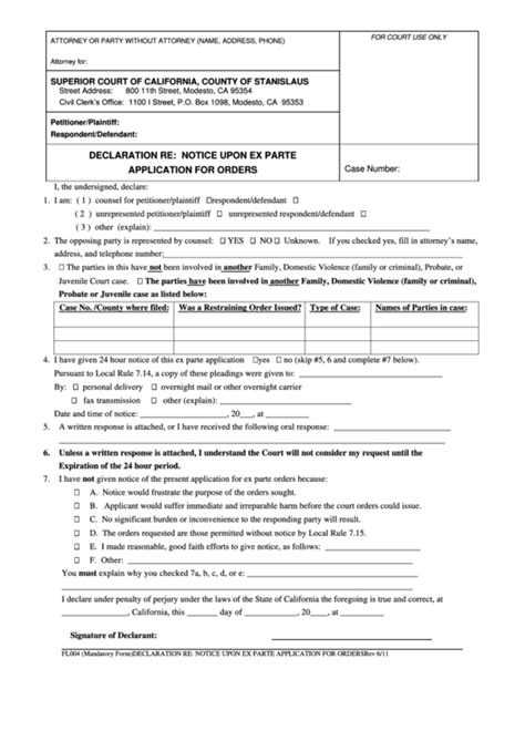 Form Fl Declaration Re Notice Upon Ex Parte Application For