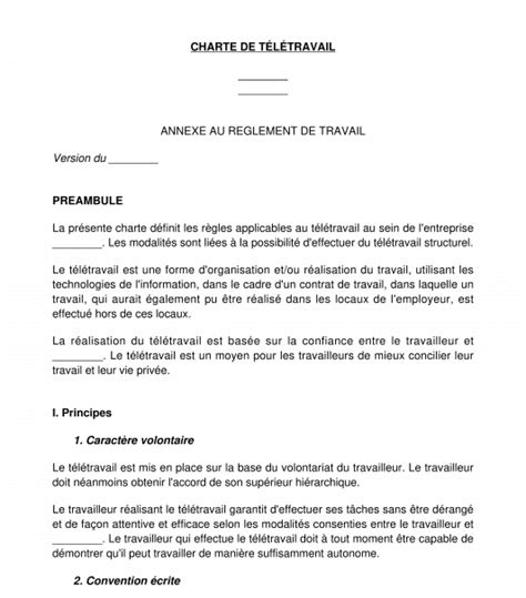 Charte de Télétravail Modèle Exemple Word et PDF