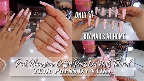 PINK RHINESTONE COFFIN PRESS ON NAILS TUTORIAL UNDER 2 EASY QUICK