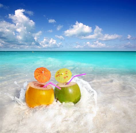 Coconut Cocktails Juice In Tropical Beach Stock Image - Image of ...