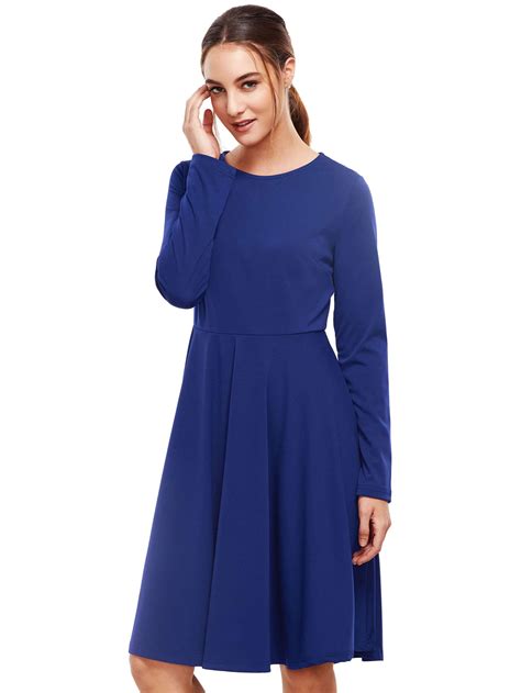 Royal Blue Pleated Long Sleeve A Line Dress Shein Sheinside