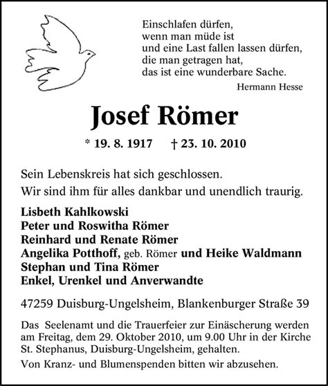 Traueranzeigen von Josef Römer Trauer in NRW de