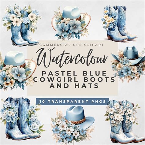 Pastel Blue Western Watercolour Cowgirl Hat Flower Boot Clipart