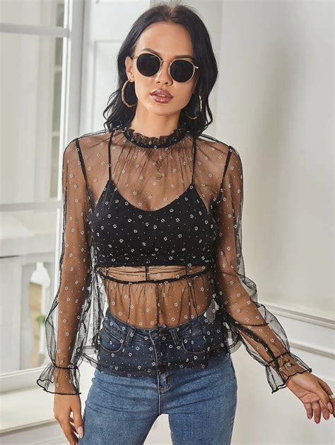 SHEIN Essnce Mock Neck Sheer Ditsy Floral Mesh Peplum Top Without