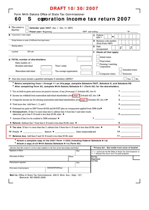 Form 60 Draft S Corporation Income Tax Return 2007 Printable Pdf