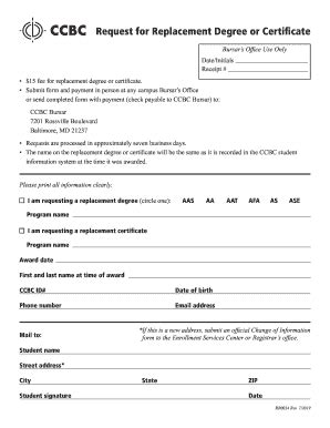 Fillable Online Request For Replacement Degree Or Certificate Form