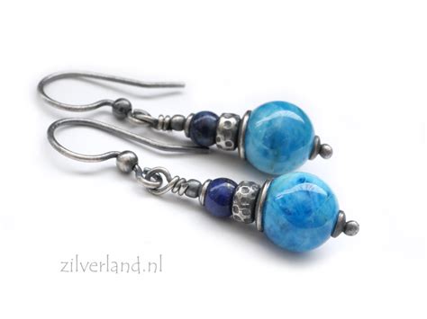 Handgemaakte Oorbellen Met Apatiet En Lapis Lazuli Zilver