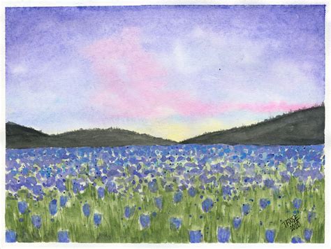 Blue Field Of Flowers At Dusk Flower Field Watercolor Flowers