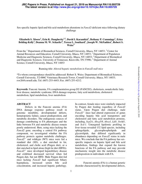 Pdf Sex Specific Hepatic Lipid And Bile Acid Metabolism Alterations In Fancd2 Deficient Mice