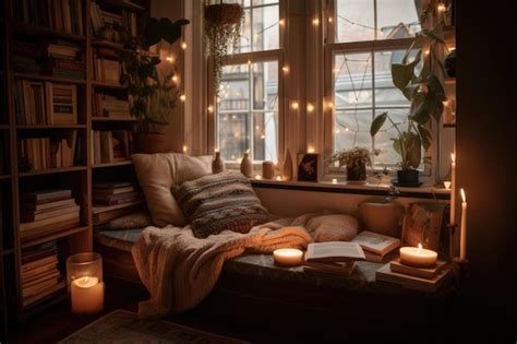 Premium AI Image Cozy Reading Nook Filled With Candles Books And