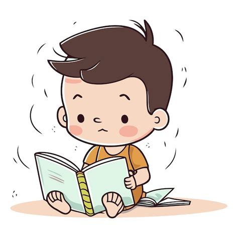 Ilustración de un niño pequeño leyendo un libro sentado en el suelo