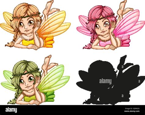 Set Of Cute Pixies In Different Costume And Its Silhouette Illustration