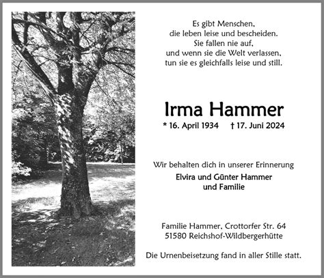 Traueranzeigen Von Irma Hammer Wirtrauern