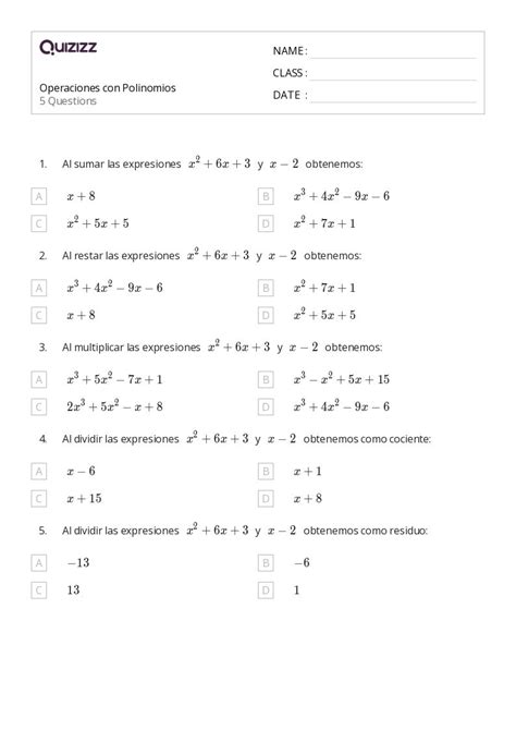 50 Operaciones Con Polinomios Hojas De Trabajo En Quizizz Gratis E