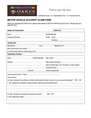 Fillable Online Oakesinsurance Co Oakes Vehicle Accident Claim Form