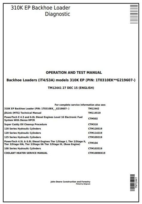 John Deere 310K EP Backhoe Loader Diagnostic Operation Test Manual TM12441