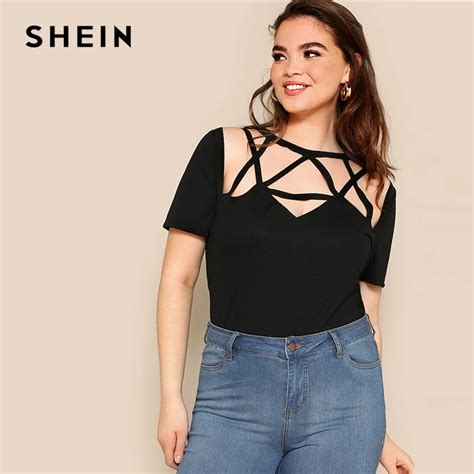 Shein Plus Size Sexy Black Cage Yoke Form Fitted Plain Tee T Shirts