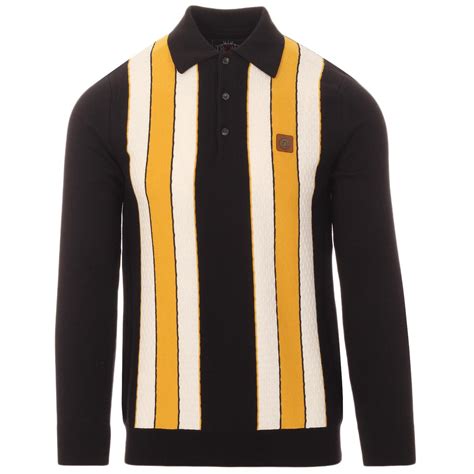 Trojan Records Mod Dobby Stripe Ls Knit Polo Black Yellow