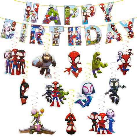 Chukua 14 Pieces Spider Birthday Decoration Spidey Bunting Garland Hanging Decoration Happy