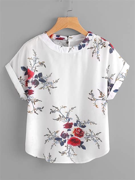 White Floral Print Dolman Sleeve Cuffed Keyhole Button Back Blouse