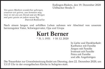 Traueranzeigen Von Kurt Berner Zeit Des Gedenkens De