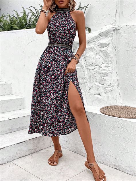 Shein Vcay Robe Ras Du Cou Imprim Floral En Dentelle Fendu Mode En