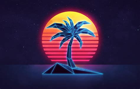 Wallpaper sea, the sky, the sun, sunset, Palma, island, neon, 80s, neon ...