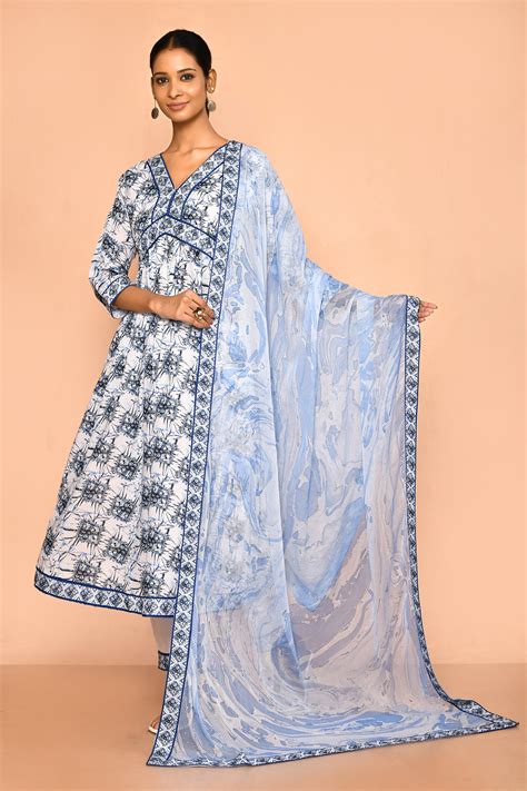 Buy Blue Kurta And Pant Cotton Printed Mirrorwork V Neck Shibori Set