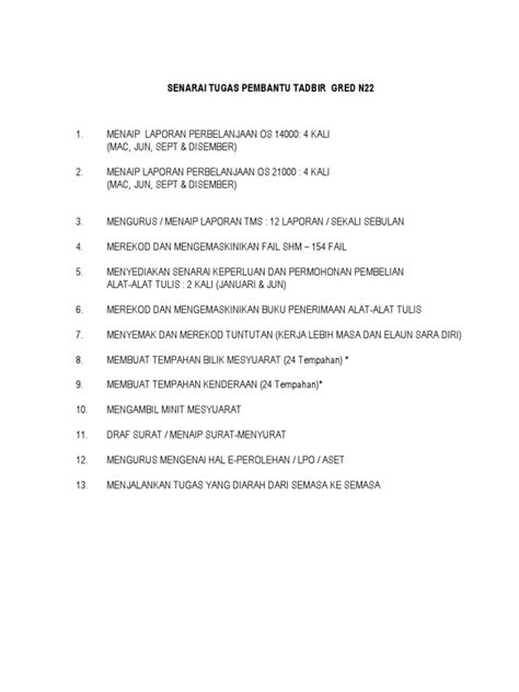 Senarai Tugas Pembantu Tadbir Gred N22 Pdf