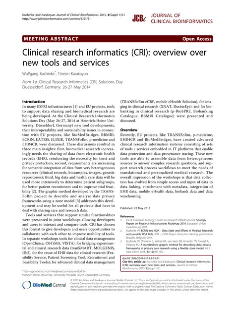 Pdf Clinical Research Informatics Cri Overview Over New Tools And