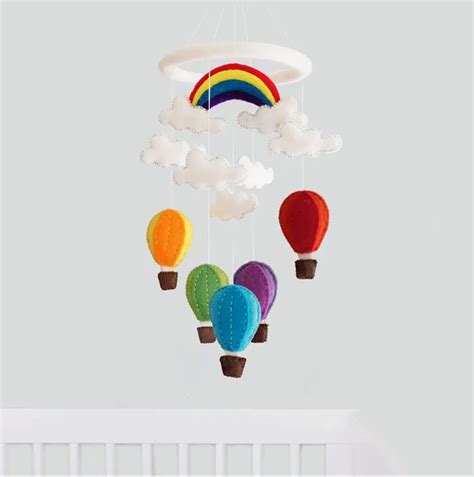 Baby Crib Mobile Hot Air Balloon Mobile For Nursery Rainbow Mobile Handmade Natural Eco Friendly