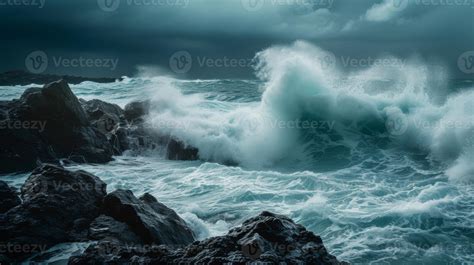 Ai Generated A Stormy Sea With Towering Waves And Jagged Rocks A Symbol