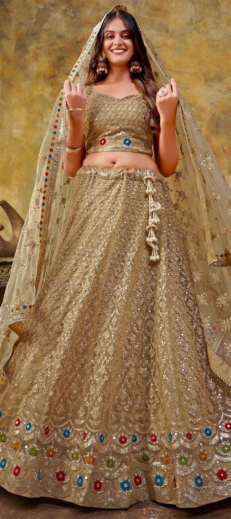 Party Wear Reception Beige And Brown Color Net Fabric Lehenga 1897070