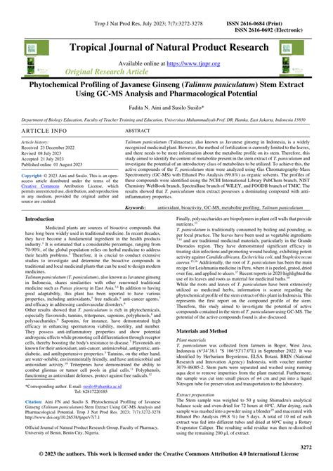 Pdf Phytochemical Profiling Of Javanese Ginseng Talinum Paniculatum