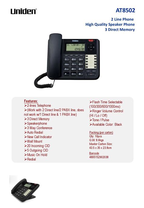 Buy UNIDEN AT8502 Black Corded 2-Line Phone with Speakerphone Caller ID ...