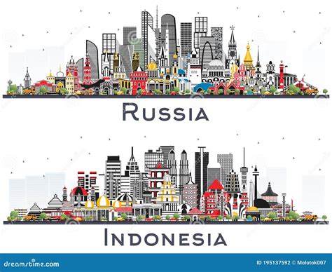 Indonesia And Russia City Skylines With Color Buildings Isolated On